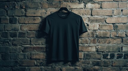 Wall Mural - A simple black t-shirt displayed against a rustic brick wall for a minimalist aesthetic.