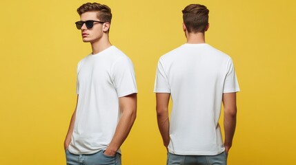 A young man poses in a white t-shirt against a bright yellow background.