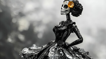 3D Glossy Catrina Figure Mid Shot on Reflective Background - Intricate Dia de Muertos Design Against Elegant Dark Glossy Setting