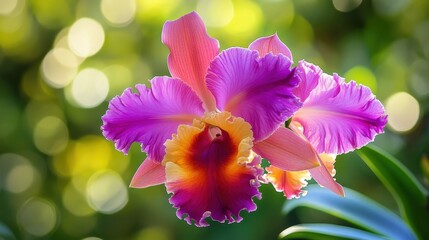 A vibrant Cattleya orchid with ruffled petals in shades of pink and purple, basking in natural light