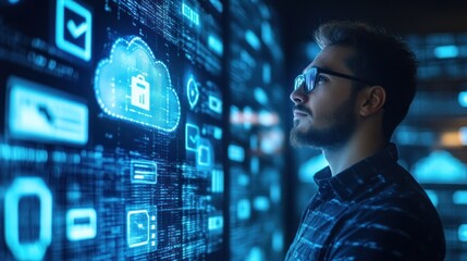 Poster - a man interacts with digital cloud technology and data visualization.