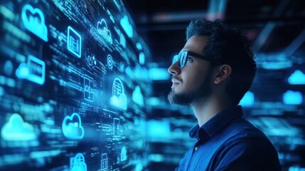 Poster - a man gazes at digital data and technology visuals, symbolizing innovation and analysis.