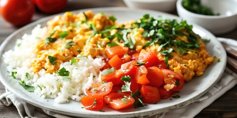 Wall Mural - Egg Stir-Fry with Tomatoes and Rice on a Light-Colored Plate