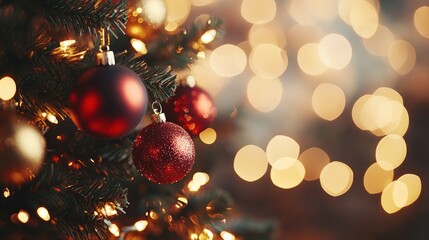 A close-up of a Christmas tree with ornaments and soft, glowing lights.