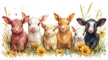 Wall Mural - Farm animals with humorous expressions on white background