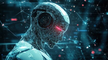 a futuristic robotic head with a digital network design and headphones, symbolizing ai.