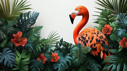 Flamingo in a tropical setting on white background