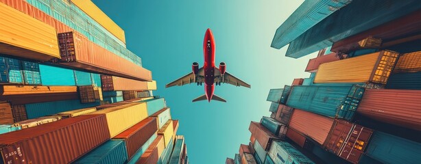 Airplane Flying Over Shipping Containers