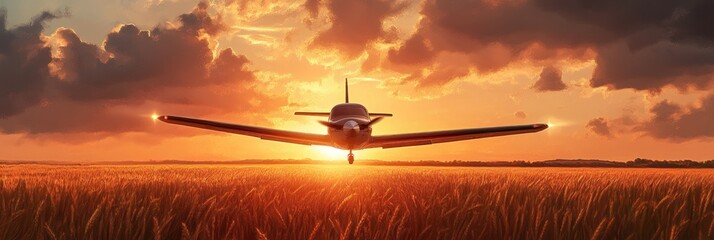 Wall Mural - Small Plane Landing at Sunset