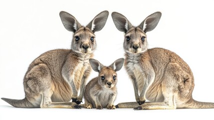 Full view of a kangaroo and its joey on a smooth white background, emphasizing their relationship