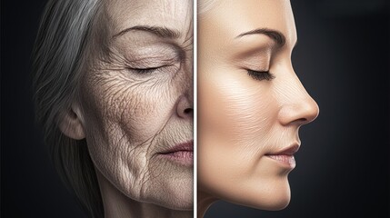 Two women's faces are shown side by side, one with wrinkles