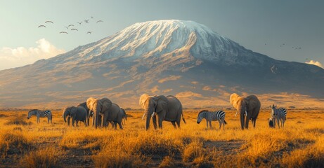 Wall Mural - African Wildlife at the Foot of Mount Kilimanjaro