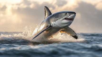 Wall Mural - Great white shark mid-jump, isolated on white