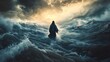 © B 7 YOU - A figure walking on turbulent waters under a dramatic sky, symbolizing faith and resilience.