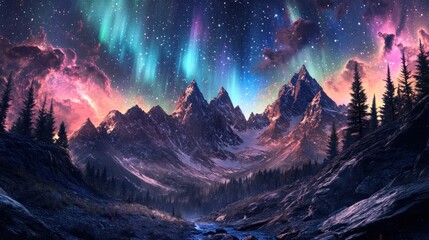 Wall Mural - A vibrant landscape featuring mountains under a colorful aurora and starry sky.