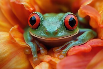 Close-up of a Red-eyed Tree Frog Resting on a Flower