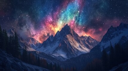 Wall Mural - A stunning mountain landscape illuminated by a vibrant galaxy in the night sky.