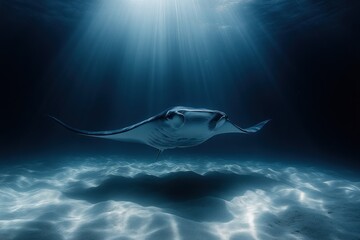 Wall Mural - Manta Ray Swimming in the Deep Blue