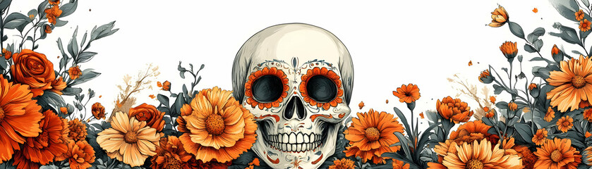 Poster - Calavera and Marigold Garland Isolated Vector - Vibrant Dia de Muertos Decoration on White Background