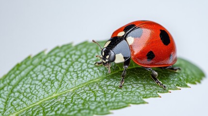 Wall Mural - Ladybug on a leaf on white background