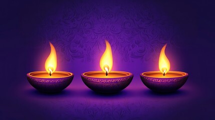 Three lit candles in a row on a purple background