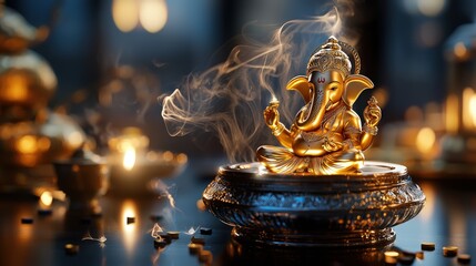 Canvas Print - Golden Ganesha statue with incense