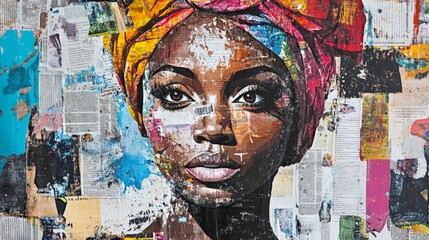 Vibrant mixed media portrait of a woman with colorful headwrap, created using magazine clippings and artistic paint strokes.