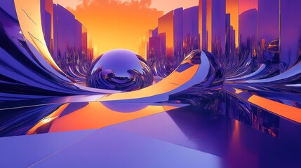 A futuristic cityscape with a large sun in the sky