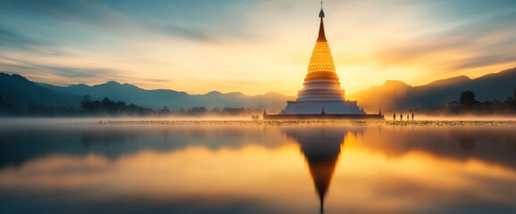 A beautiful sunset over a lake with a temple in the background