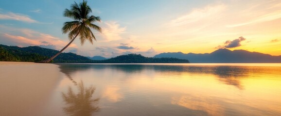 A palm tree is on a beach with a calm ocean in the background