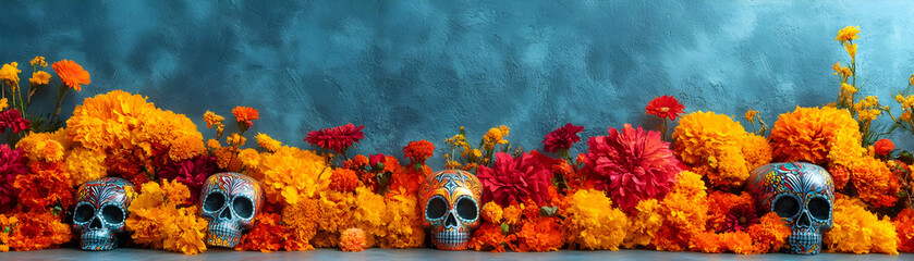 Wall Mural - Vibrant Dia de Muertos Theme: Glossy Offering Table with Holographic Flowers - Wide Shot on White Background for Stunning Photo Stock