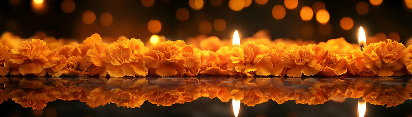 Glossy Offering Table with Reflective Marigold Petals: Dia de Muertos Spiritual Celebration - Festive Wide Shot Against Dark Background