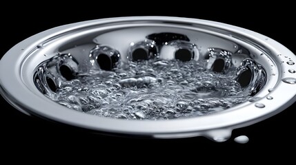 a silver bowl with water in it

