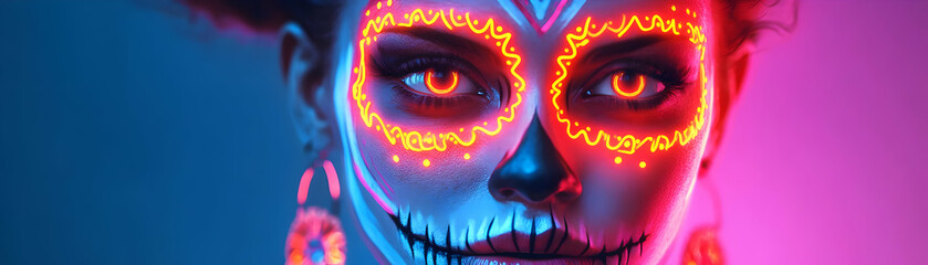 Wall Mural - Neon Catrina Figure: Vibrant Digital Artwork Showcasing Glowing Elements and Abstract Patterns for Modern Dia de Muertos Celebration