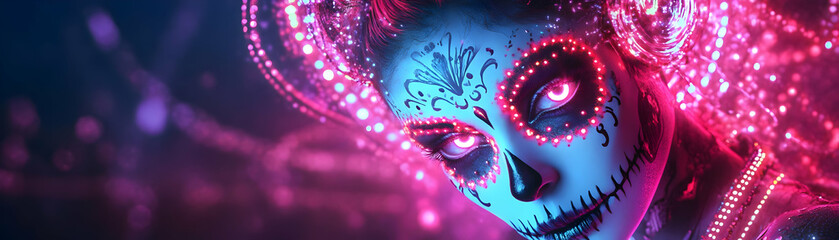 Wall Mural - Neon Catrina Figure in Digital Glow: Stunning Artwork Featuring Glowing Catrina Surrounded by Neon Lights & Abstract Patterns - Modern Dia de Muertos Tribute