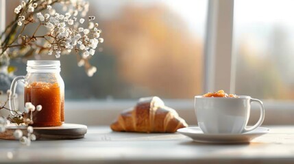 Cozy breakfast scene with a jar of sweet potato jam, warm croissants, and a cup of herbal tea, evoking a sweet and comforting morning ambiance.