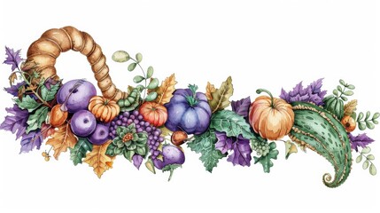 Decorative cornucopia surrounded by various fruits and vegetables, featuring pumpkins, grapes, squash, and purple vegetables. Vibrant, detailed, and autumn-inspired design