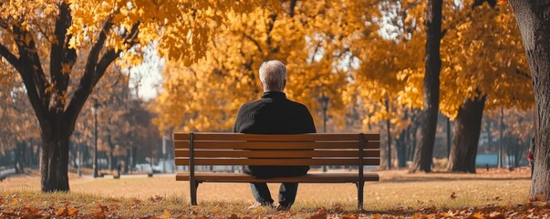 A Man Sitting on a Bench in a Park, Back View, Autumn Scene