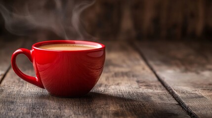 Steaming red coffee cup on rustic wooden