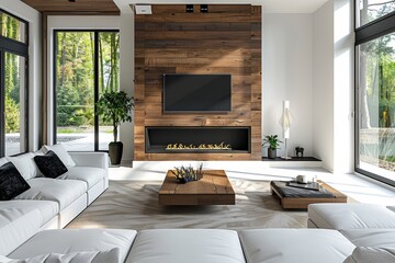 Modern living room with fireplace, TV, leather sofa, and built-in cabinets, featuring a large stone chimney for added elegance.