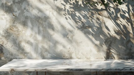 Sticker - White marble table with tree shadow bokeh on concrete wall background for product presentation.