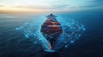 Container ship at sea with digital network links, digital trade network connection concept, global shipping industry