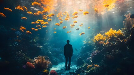 Wall Mural - 79. A person standing in a underwater world, curious expression