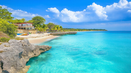 Playa Paraiso Beach is beautiful, the sea is beautiful, the sky is clear, the clouds are beautiful, and nature is beautiful.