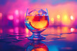 © Noufaldi - A glass of amber cocktail with ice cubes and a lemon slice on a reflective surface against a colorful blurred background.