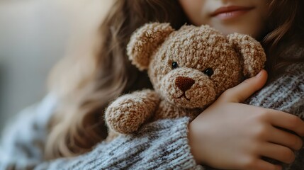 Canvas Print - 65. A person holding a teddy bear, comforting expression