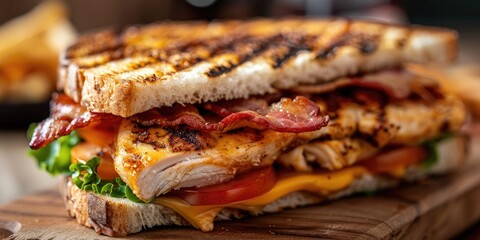 Wall Mural - Close-up of grilled poultry and bacon for a club sandwich in a gourmet restaurant kitchen.