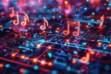 A vibrant digital representation of music and technology with glowing musical notes and circuits, highlighting innovation in sound.