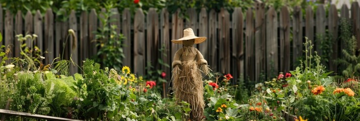 Poster - Close-up of a hay scarecrow amidst a vibrant garden filled with various produce, herbs, and flowers near a wooden fence.