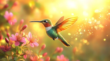 Hummingbird near vibrant flowers creating a beautiful colorful nature scene